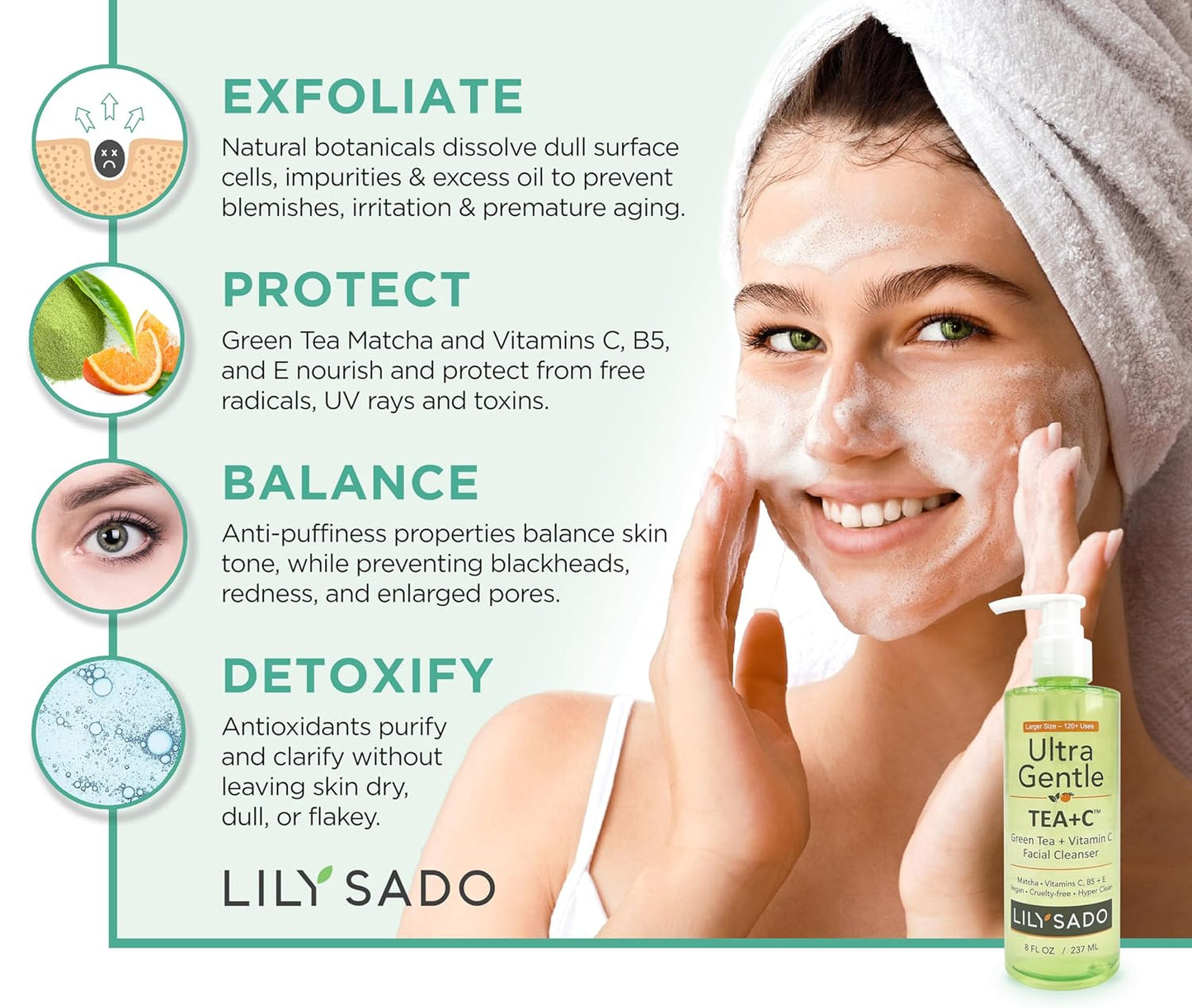 LILY SADO TEA+C™ Green Tea & Vitamin C Face Cleanser – Natural Vegan Antioxidant Daily Face Wash with Aloe, Rosehip, Meadowfoam - Gentle Deep Cleansing for Acne, Blackheads, Blemishes. 8 oz