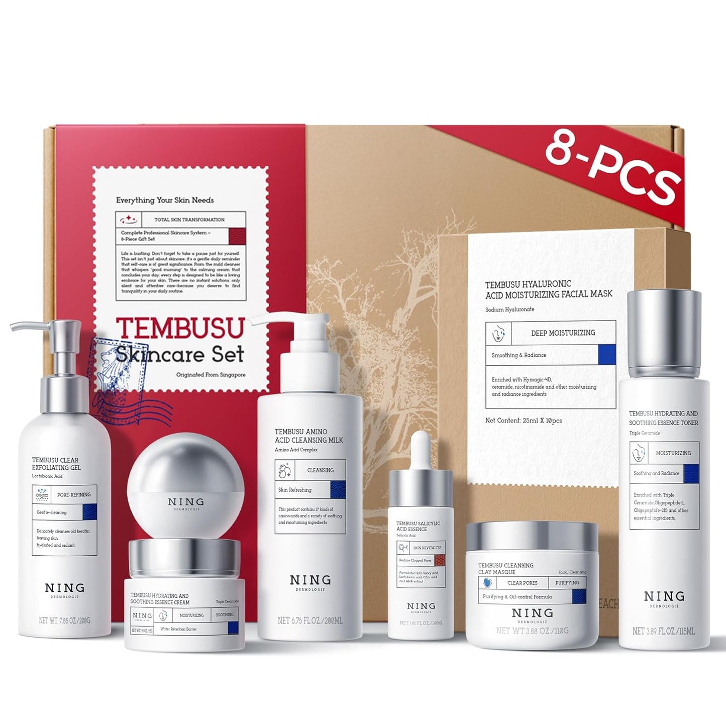 Skin Care Set: 8-Step Tembusu Essence Skincare Kit, Cleansing Hydrating Moisturizing Anti-Aging Gift Sets for Women – Complete Daily Routine for Sensitive, Dry, Oily & Aging Skin