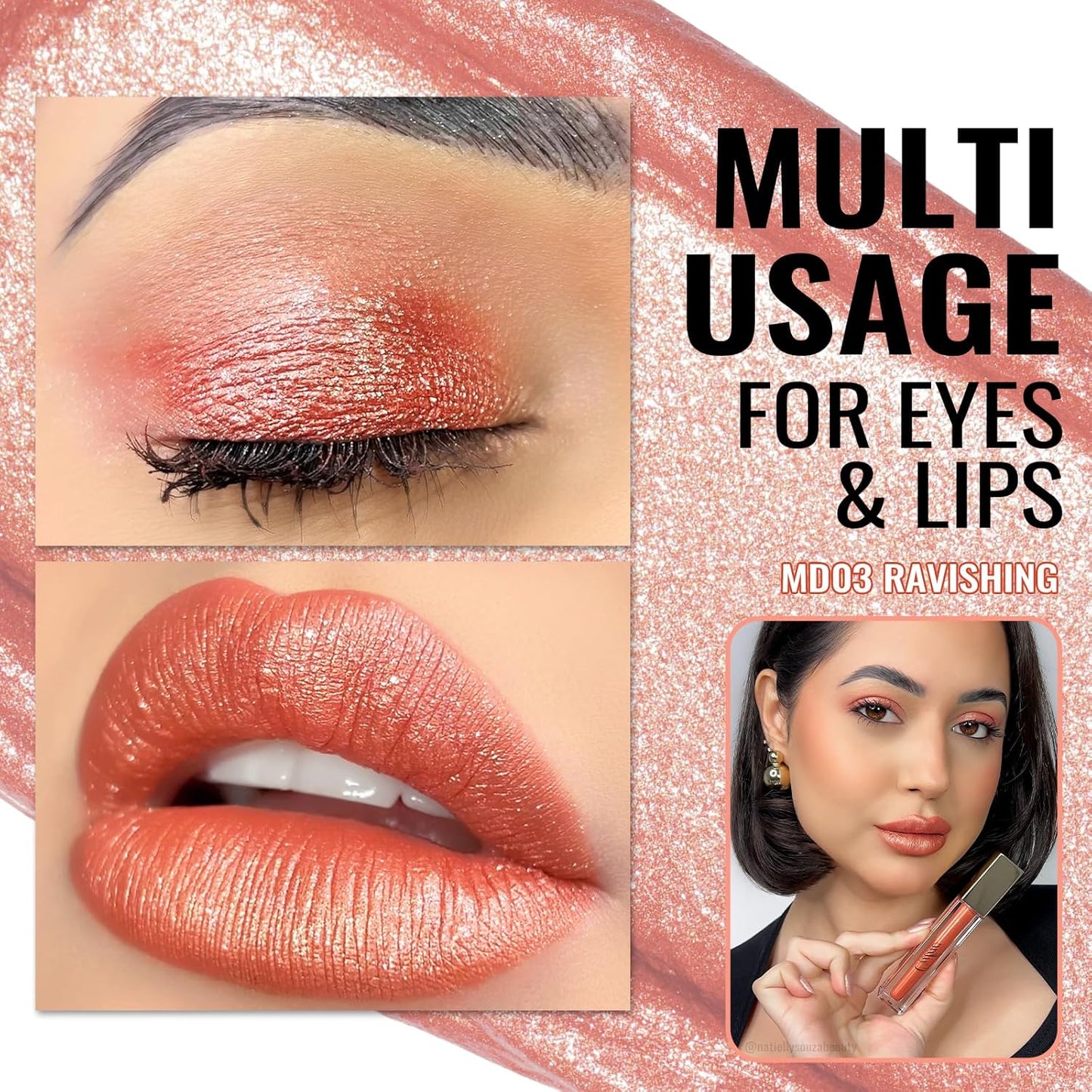 Oulac Orange Lip Gloss Metallic Shine Lipstick for Women, Dual Use for Lips & Eyeshadow, Long Lasting Waterproof, High Impact Lip Color, Oil-Based Formula, Vegan, 4.5ml, MD03