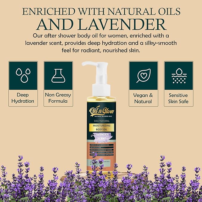 100% Pure Natural Hydrating Body Oil After Shower w/Vitamin E, Coconut, Jojoba, Olive, Almond - Moisturizing Oil For Dry Skin, Non-Greasy Body Oils, Anti-Aging - Lavender Scent, 5.07 fl oz