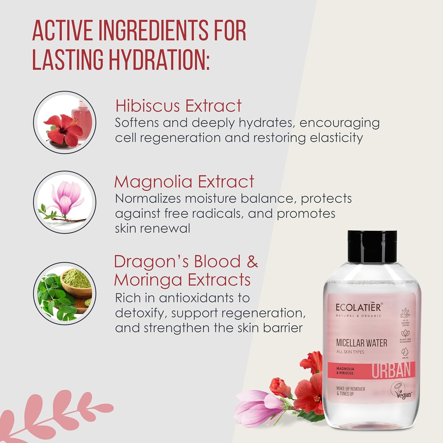 Micellar Water for Sensitive Skin with Organic Aloe Vera - 99.1% Natural Ingredients, Vegan, Hydrating Facial Cleanser & Micellar water Makeup Remover - 13.5 Fl Oz (Magnolia for All Skin Types)