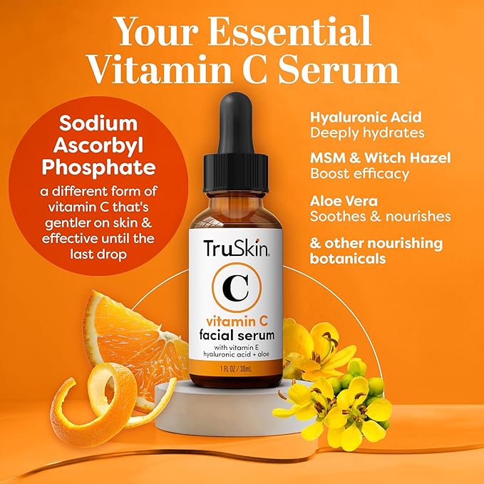 TruSkin Vitamin C Serum For Face – Anti Aging Formula with Vitamin C, Hyaluronic Acid, Vitamin E – Brightening Serum – Improve Appearance of Dark Spots, Tone, Fine Lines & Wrinkles, 1 Fl Oz