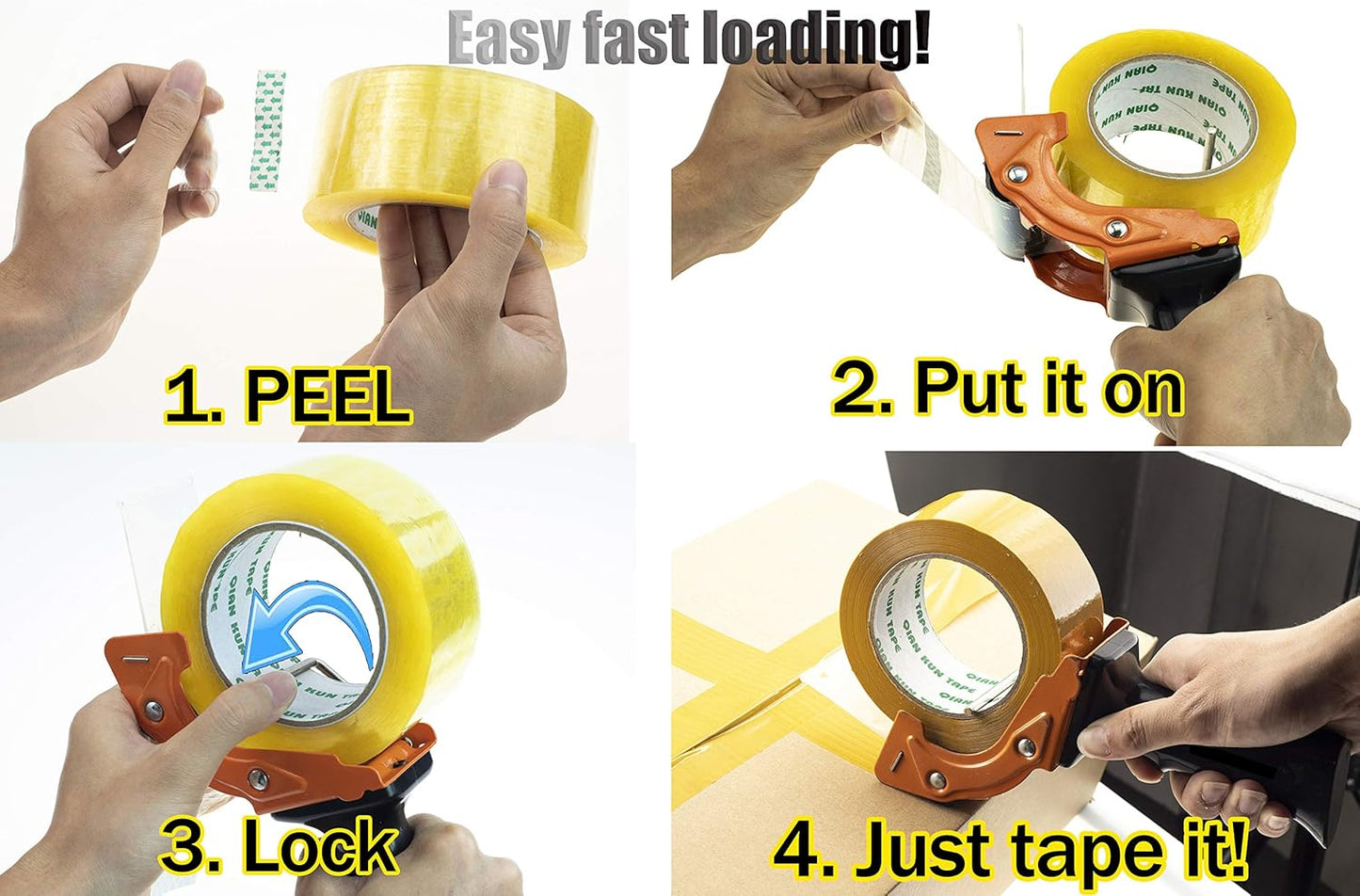 Rapid-Replace Packing Tape Dispenser Gun with Tape and Extra Blade, 2IN(50mm) Lightweight Ergonomic Industrial Handheld Tape Cutter for Carton, Packaging and Box Sealing (Orange)