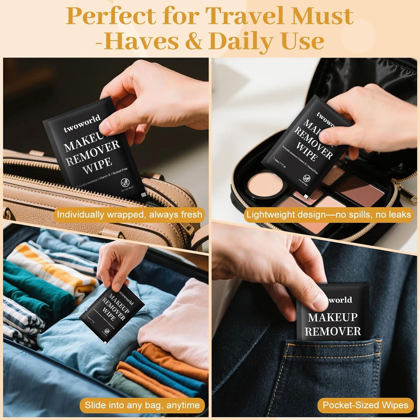 Makeup Remover Wipes Bulk Individually Wrapped,Travel Makeup Wipes Gentle for Face Cleansing Mascara Lipstick Travel Hotel（black,pack of 50)