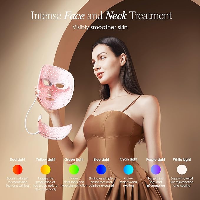 LightAura Plus LED Light Therapy Mask by Project E Beauty | LED Face & Neck Mask | Skin Rejuvenation | 7 Colors | Anti Aging | Reduce Wrinkles | Anti-inflammation | Brightening Skincare Mask