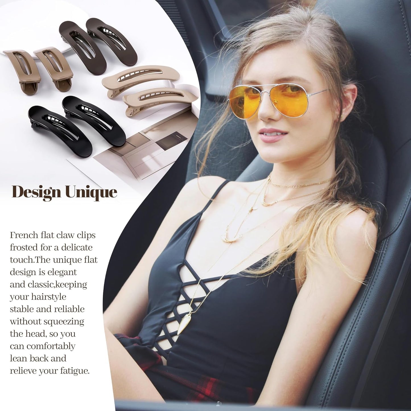 8 Pcs Large Lay Flat Claw Clips for Women French Side Slide Barrettes for Thin Fine Hair Rectangle Alligator Hair Accessories,Bright Black Brown