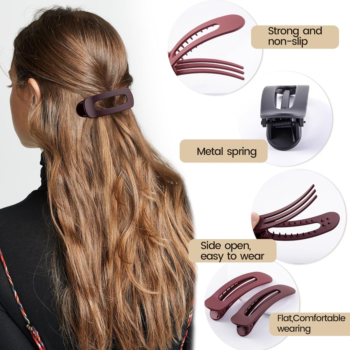 8 Pcs Large Lay Flat Claw Clips for Women French Side Slide Barrettes for Thin Fine Hair Rectangle Alligator Hair Accessories,Matte Black Red