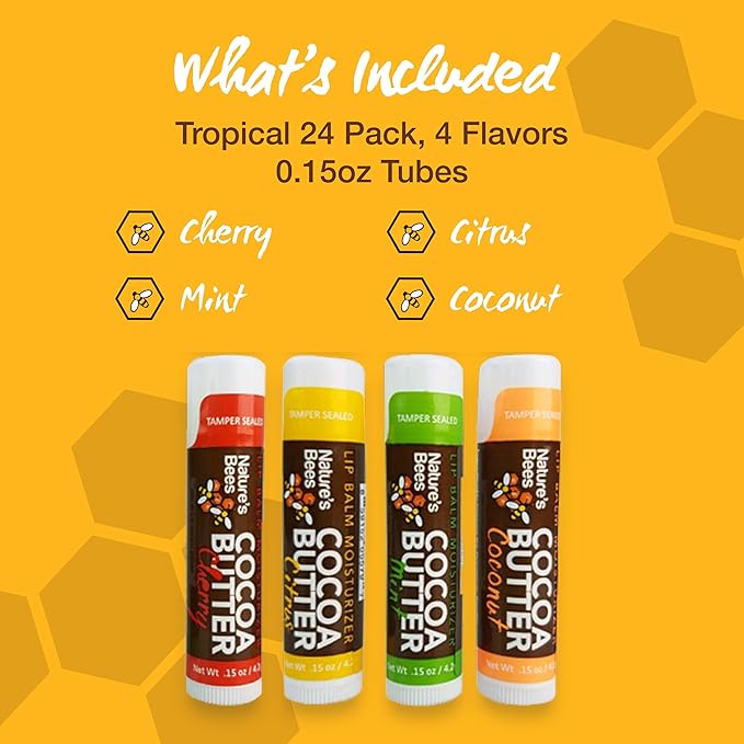Nature's Bees Cocoa Butter Lip Balm, Lip Care for Dry Lips, Made with Coconut Oil, Beeswax, Vitamin E, Aloe, and Shea Butter, 0.15 oz Each, 4 Flavors, Citrus, Coconut, Cherry, and Mint, 24 Pack