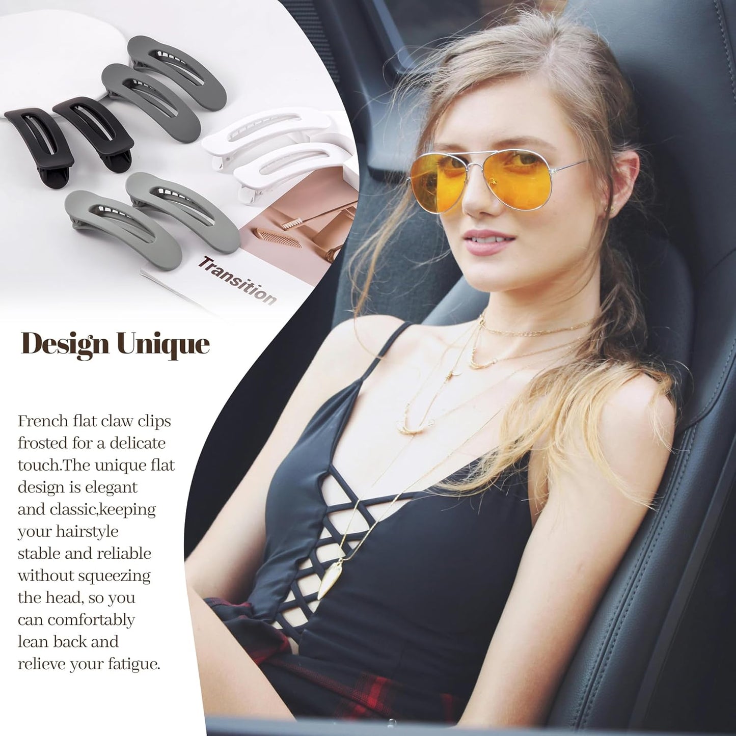 8 Pcs Large Lay Flat Claw Clips for Women French Side Slide Barrettes for Thin Fine Hair Rectangle Alligator Hair Accessories,Matte Black Gray White