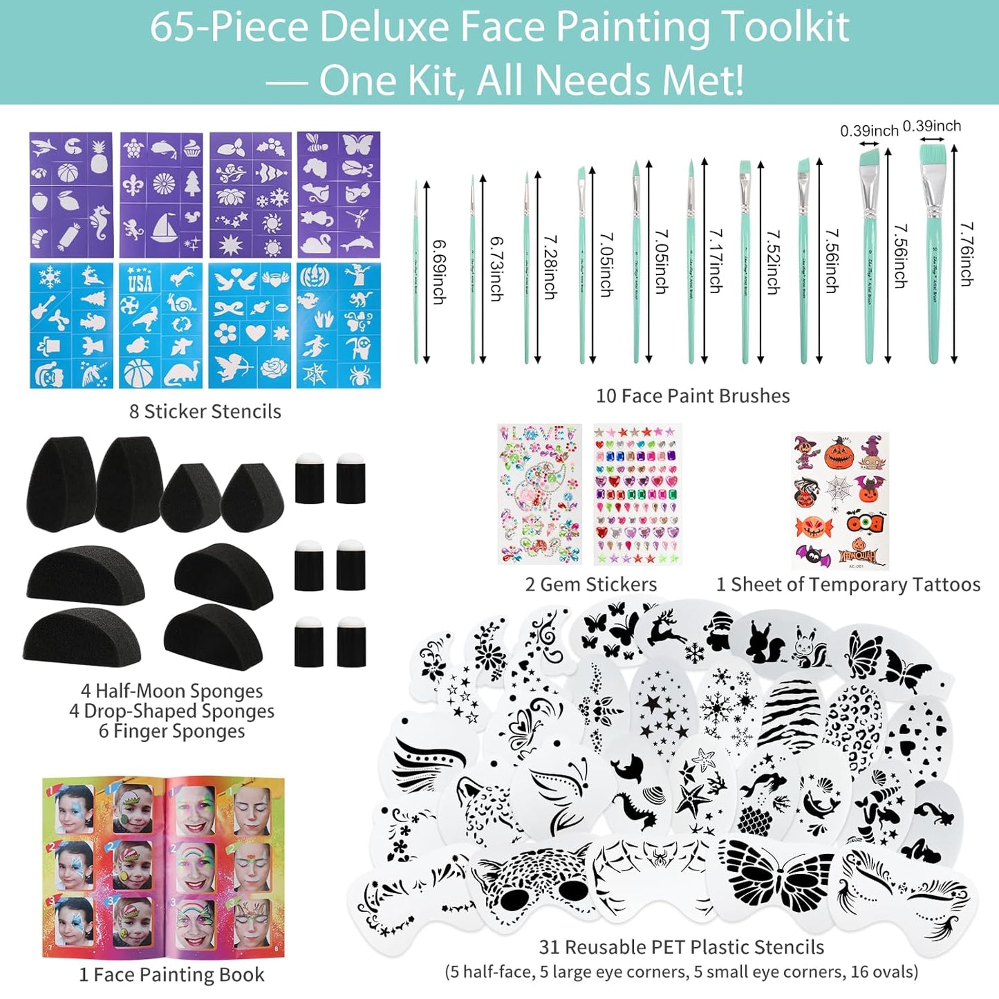 61-Piece Deluxe Face Painting brushes and Stencils Kit - Safe Non-Toxic face paint Stencils Set with 10 Pro Brushes, 8 sponges, 31 Reusable Stencils, 8 Stencils&More - For Carnival, Halloween&Parties