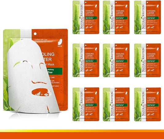 Natural Solution Cooling Luster Silk Facial Mask With Aloe & Tea Tree,Deep Pore Cleansing Face Mask,Instant Brightening and Hydrating - 10 PK