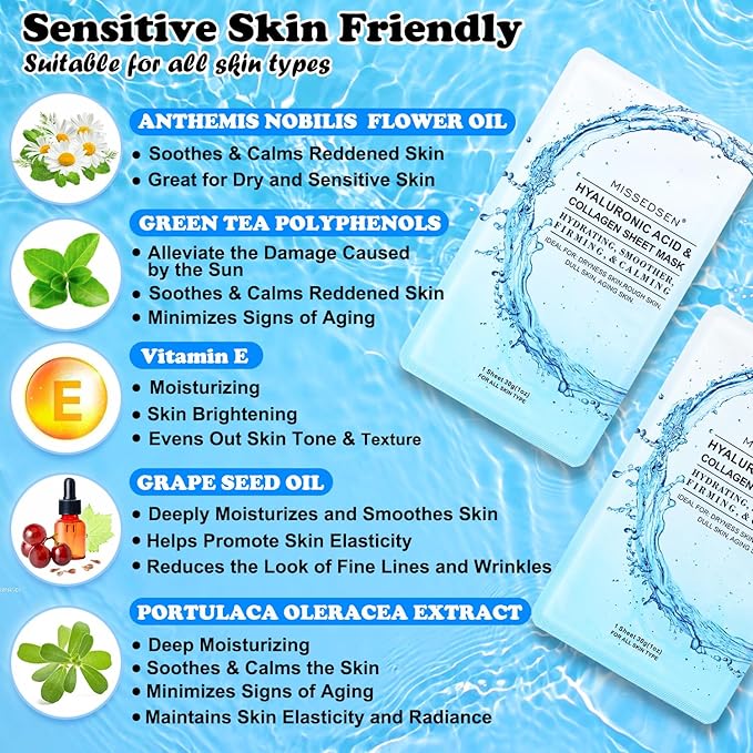 Collagen Face Mask Skincare For Women Hyaluronic Acid Moisturizing Firming Calming Hydrating Pore Treatment of Different Ages and Skin Types Urban Beauty Secret 12 PCS