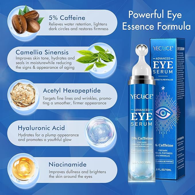 5% Caffeine Peptide Eye Serum, Under Eye Roller Cream for Dark Circles, Puffiness, Bags Under Eyes - 360° Massage Ball Cream for Wrinkles, Fine Lines and Firming (Blue)