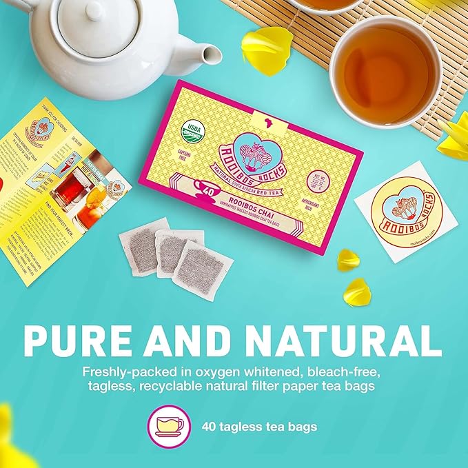 Caffeine Free Chai Rooibos 40 Tea Bags – Ethically Farmed, USDA Organic Chai Tea Bags - South African Red Bush Caffeine Free Chai Tea in Tagless Teabags - Refreshing, Naturally Sweet Ultra Low Tannin