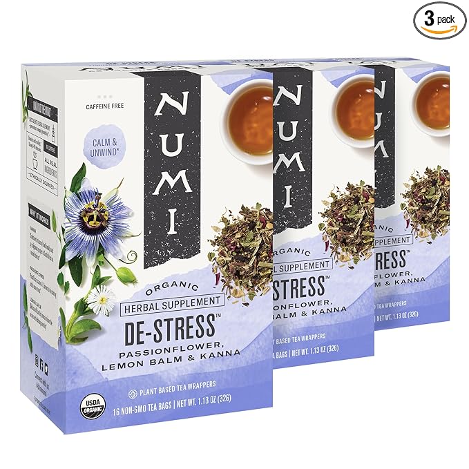 Numi Organic De-Stress Tea, 16 Tea Bags (Pack of 3), Passionflower, Lemon Balm, and Kanna, Caffeine Free