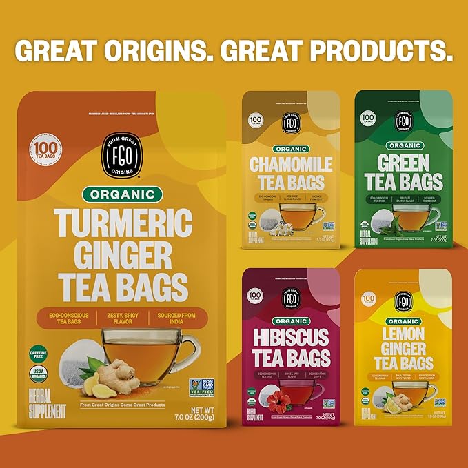 FGO Organic Turmeric Ginger Herbal Tea, 40 Count, Eco-Conscious Tea Bags, Caffeine Free (Pack of 1)