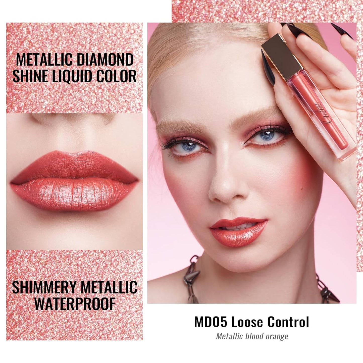 Oulac Orange Red Lip Gloss Metallic Shine Lipstick for Women, Dual Use for Lips & Eyeshadow,Long Lasting Waterproof, High Impact Lip Color, 3D Metallic Finish, No Transfer, Vegan MD05