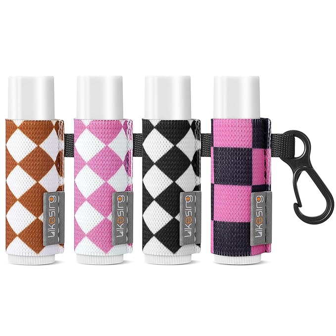 Chapstick Holder Keychain, Lip Balm Holder Sleeve Pouch with Clip On, Lip Gloss Lipstick Holder Keychain Fits More Standard Lip Balm, Gift for Women Girls Boys and Man(Checkerboard)