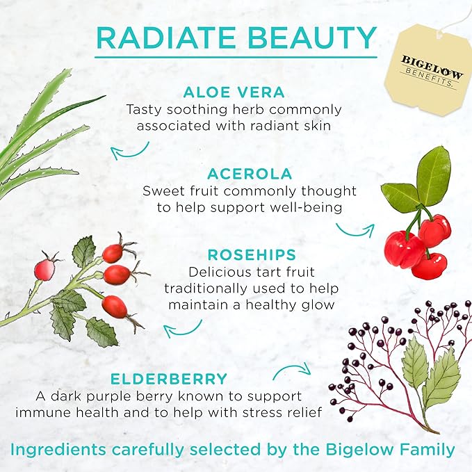 Bigelow Benefits Radiate Beauty Blueberry and Aloe Herbal Tea, Caffeine Free, 18 Count (Pack of 6), 108 Total Tea Bags