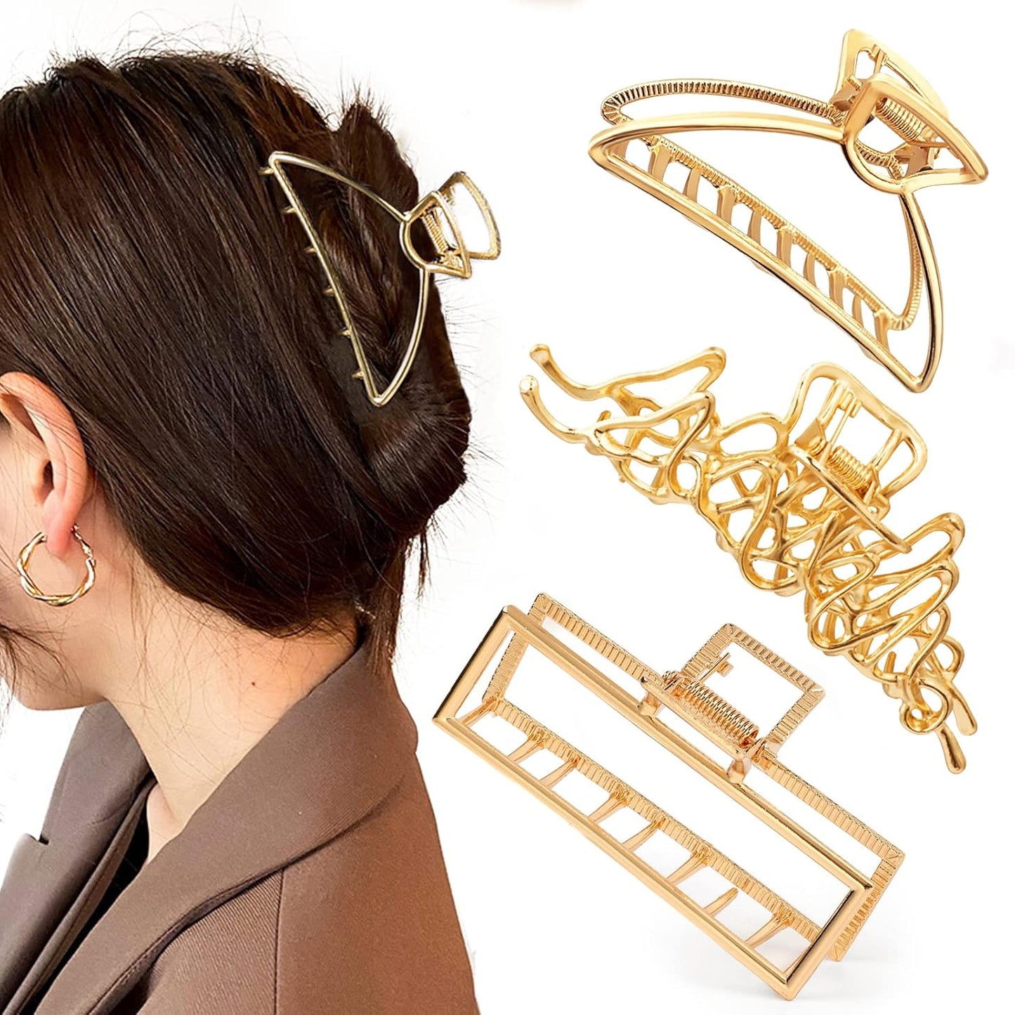 Mehayi 3 PCS Large Gold Metal Hair Claw Clips for Women Girls, Cute Alloy Big Hair Clamps Strong Hold for Thick Thin Hair, Fashion Hair Accessories Headwear Styling Tools for Party Wedding