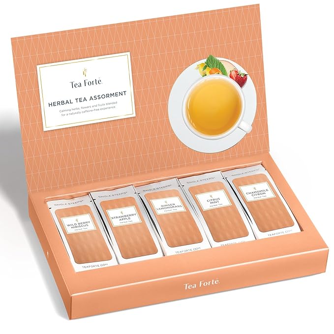 Tea Forte Herbal Tea Assortment Single Steeps Loose Leaf Premium Tea Gift Set Sampler, 15 Count 3 of Each Assorted Blends, Pre-Portioned Single Serve Pouches, Steeps 12 oz
