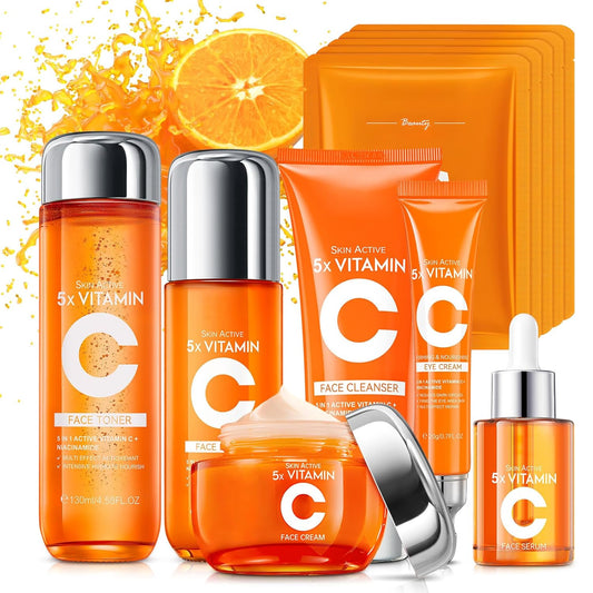 11 PCS Vitamin C Skin Care Set for Teenage Girls & Women - Skincare Kit with Cleanser, Toner, Eye Cream, Serum, Lotion, Face Cream & Sheet Masks - Anti-Aging Skin Care Kit for Firming & Moisturizing