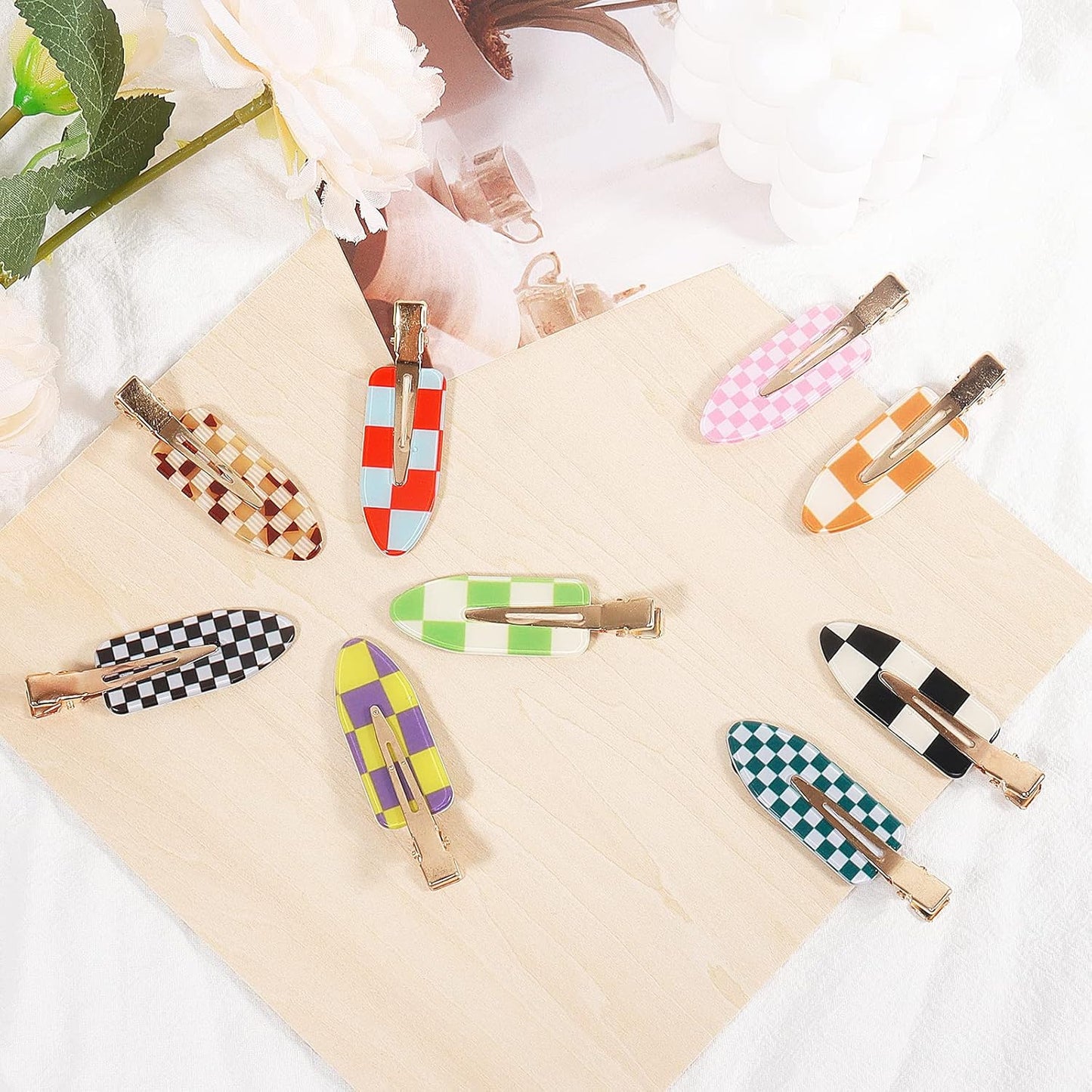 18PCS No Bend Hair Clips, Checkerboard No Crease Curl Pins, Acrylic Resin Flat Styling, Colorful Bang Seamless Duckbill Barrette for Makeup Hairstyle Accessories for Women Girls