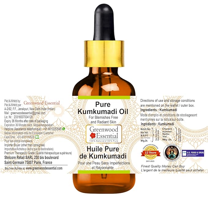 Pure Kumkumadi Oil For Blemishes Free and Radiant Skin with Glass Dropper Premium Therapeutic Grade for Hair, Skin & Aromatherapy 30ml (1 oz)
