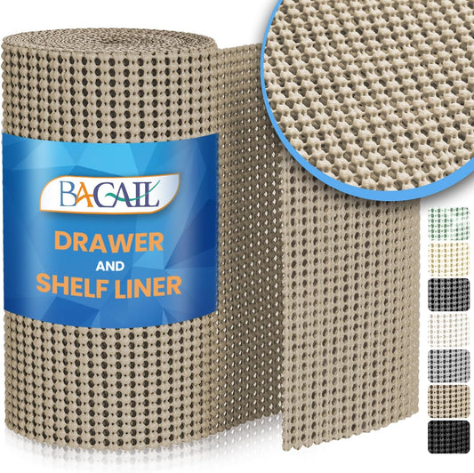 BAGAIL Drawer and Shelf Liner, 17.5 in X 20 Ft Non-Adhesive Shelf Liners for Kitchen Cabinets, Thick Strong Grip Liners for Desk, Shelves, Bathroom Drawers, Cabinet Protection - Beige