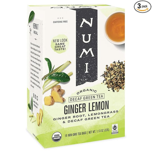 Numi Organic Tea Decaf Ginger Lemon, 16 Count Box of Tea Bags, Decaf Green Tea (Packaging May Vary)