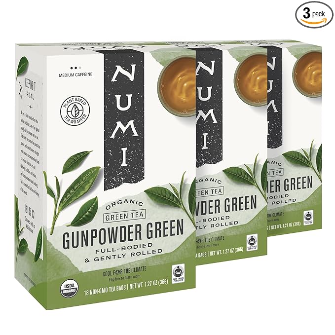 Numi Organic Tea Gunpowder Green, 18 Tea Bags (Pack of 3), Full-Bodied Gently Rolled Chinese Green Tea (Packaging May Vary)