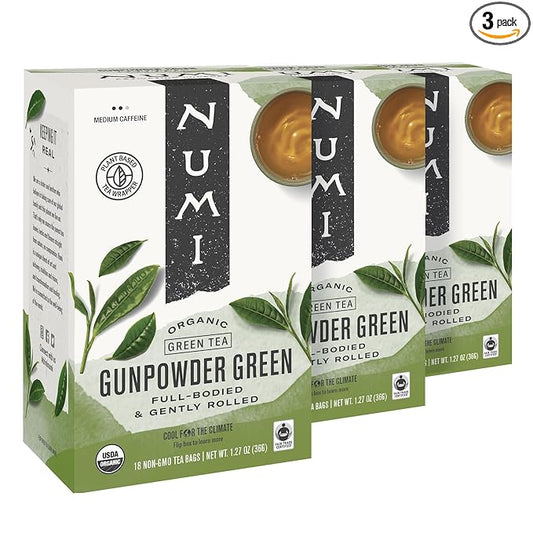 Numi Organic Tea Gunpowder Green, 18 Tea Bags (Pack of 3), Full-Bodied Gently Rolled Chinese Green Tea (Packaging May Vary)