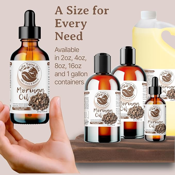 Bella Terra Oils - Organic Moringa Oil 4oz - The Power of Pure Premium Organic Moringa, Fortified with Vitamin A & C, Enhancing Skin's Natural Brilliance