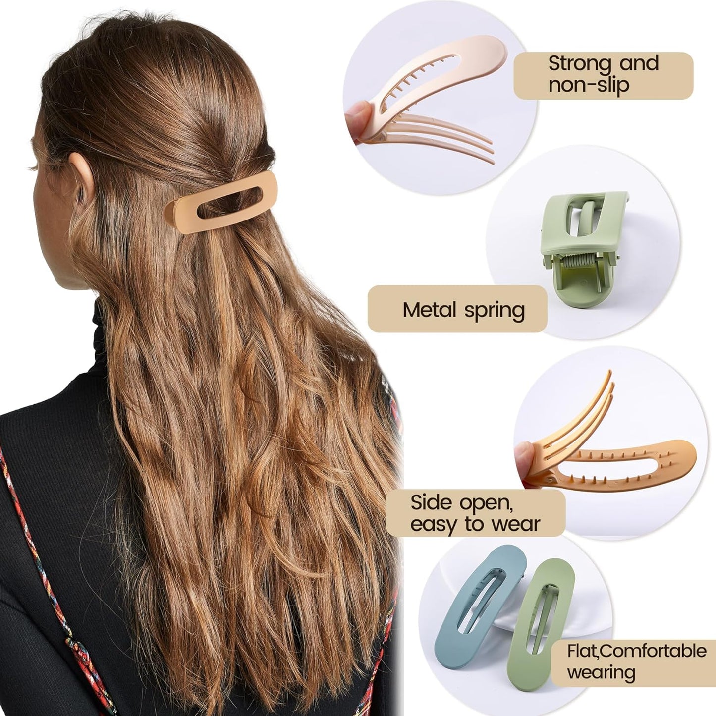 8 Pcs Large Lay Flat Claw Clips for Women French Side Slide Barrettes for Thin Fine Hair Rectangle Alligator Hair Accessories,Matte Beige Orange Blue Green