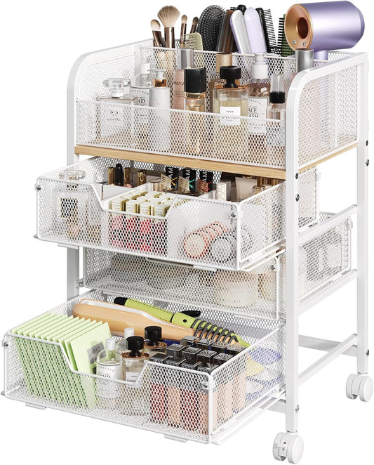 3 Drawers Makeup Cart Organizer with Divider, Under Desk Floor Skincare Organizers, Vanity Storage Organizer Cosmetics Display Cases for Skin Care Perfume Nail Polish, White