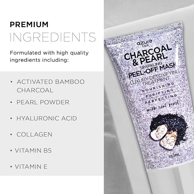 AZURE Charcoal & Pearl Luxury Anti Aging Peel Off Face Mask- Moisturizing & Purifying - Removes Blackheads, Dirt & Oils - With Hyaluronic Acid & Collagen - Skin Care - Pack of 2