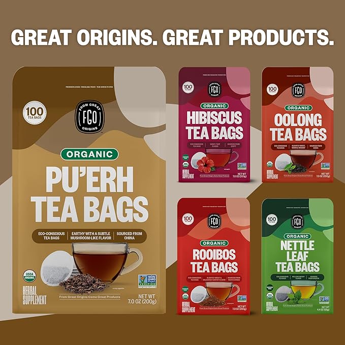 FGO Organic Pu'erh Tea, 100 Count, Eco-Conscious Black Tea Bags, Resealable Bag, Packaging May Vary (Pack of 1)