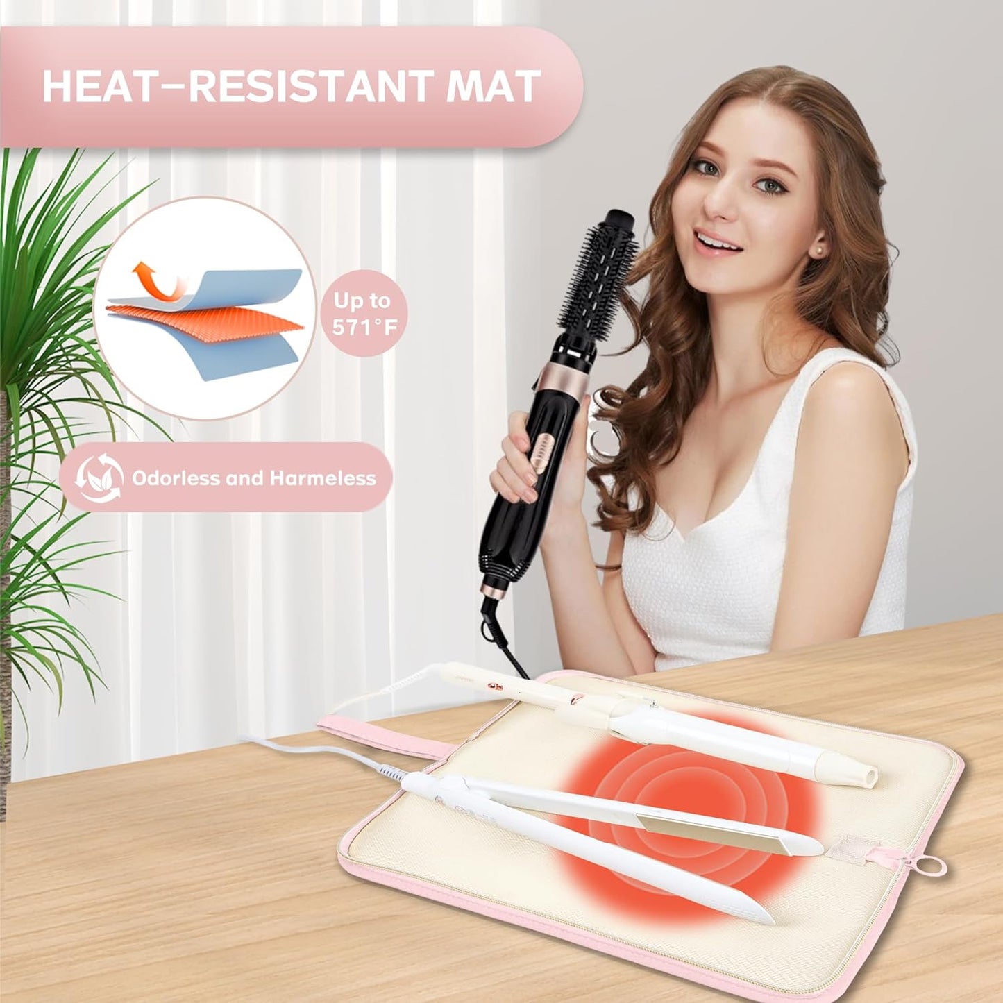 Hot Tools Organizer Heat Resistant Mat Case Hair Tools Holder Travel Bag Portable Hair Styling Tools Cover Pouch for Curling Iron,Flat Iron,Hair Straightener (Pink)