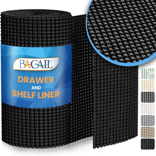 BAGAIL Drawer and Shelf Liner, 12 in X 30 Ft Non-Adhesive Shelf Liners for Kitchen Cabinets, Thick Strong Grip Liners for Desk, Shelves, Bathroom Drawers, Cabinet Protection - Black