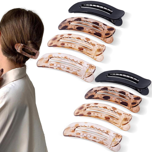 8 Pcs Large Lay Flat Claw Clips for Women French Side Slide Barrettes for Thin Fine Hair Rectangle Alligator Hair Accessories, Bright Black Tortoiseshell