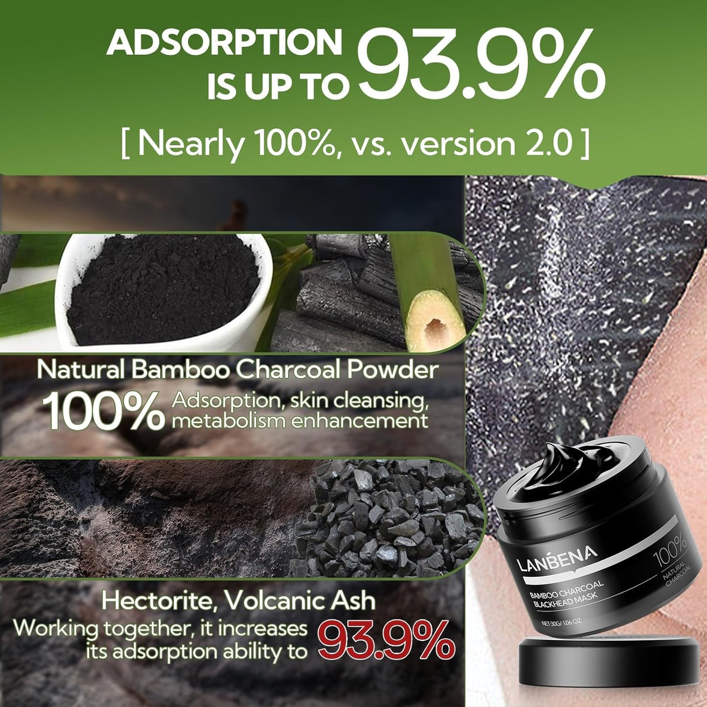 LANBENA 2-Pack Pore Strips: 2% Salicylic Acid BHA Nose Strips + Bamboo Charcoal Blackhead Peel-Off Mask | Deep Cleansing, Purifying Pore Treatment for Blackhead & Oil Removal, Plant-Based Skincare Duo