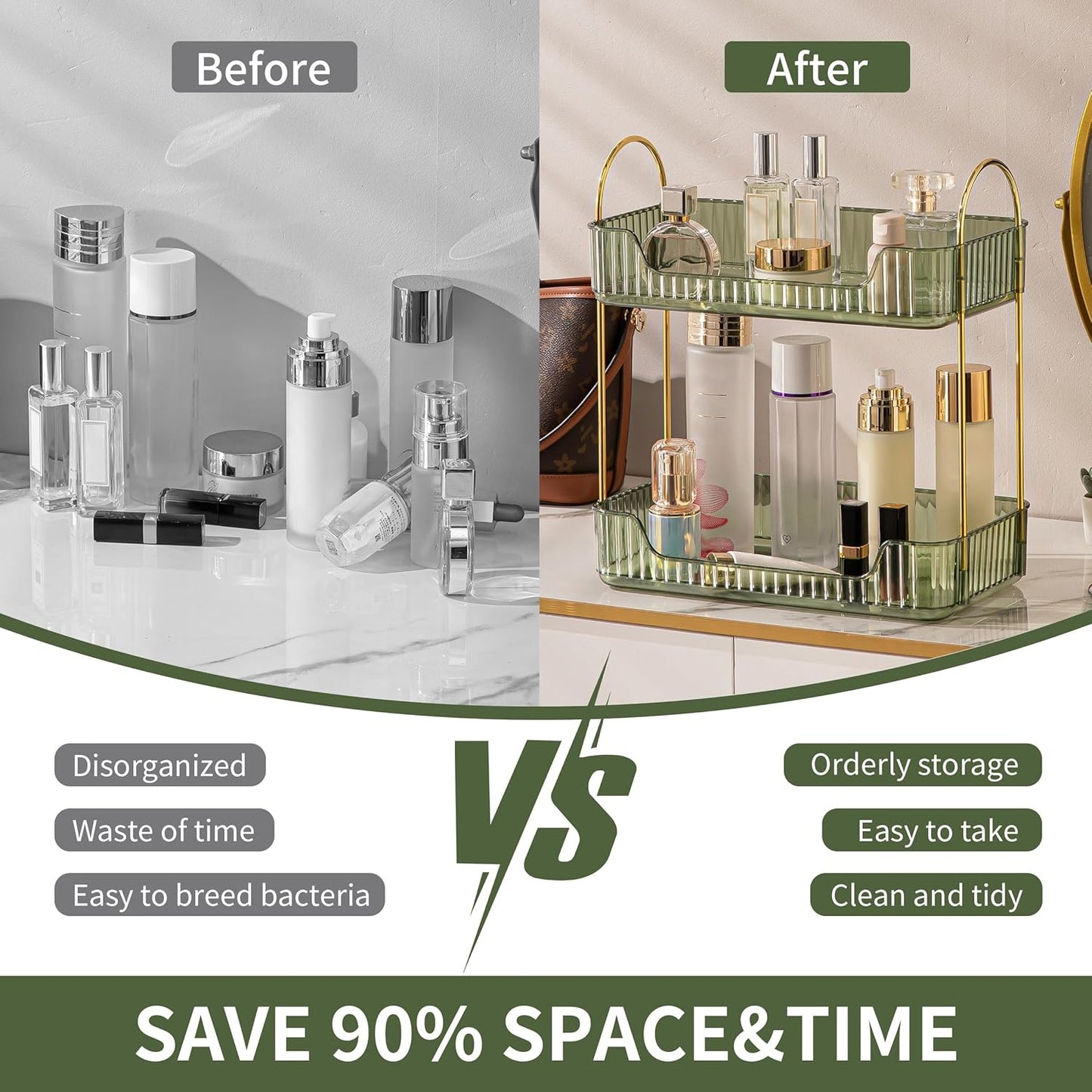 YCIA&DONE Bathroom Organizer Countertop, Makeup Storage, Skincare Cosmetic Tray Shelf, Perfume Holder Rack for Vanity Counter, Large Capacity, Easy to Install, Clean, 2 Tiers, Vintage Green