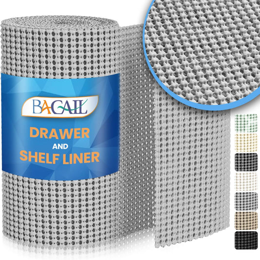 BAGAIL Drawer and Shelf Liner, 17.5 in X 10 Ft Non-Adhesive Shelf Liners for Kitchen Cabinets, Thick Strong Grip Liners for Desk, Shelves, Bathroom Drawers, Cabinet Protection - LightGrey