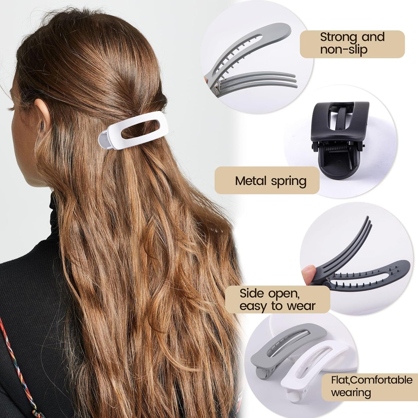 8 Pcs Large Lay Flat Claw Clips for Women French Side Slide Barrettes for Thin Fine Hair Rectangle Alligator Hair Accessories,Matte Black Gray White