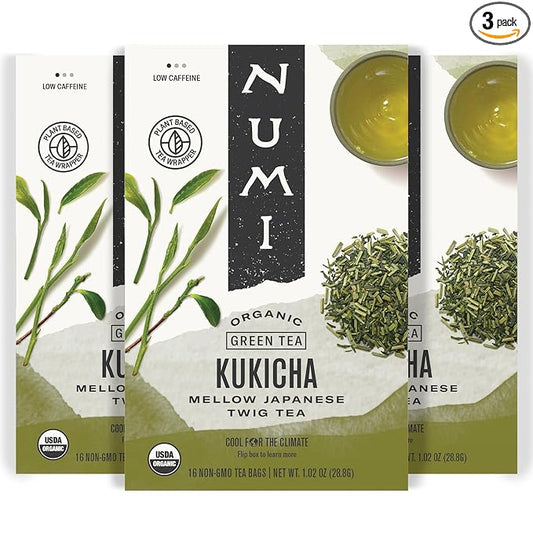 Numi Organic Kukicha Green Tea, 16 Tea Bags (Pack of 3), Roasted Japanese Twig Tea, Caffeinated