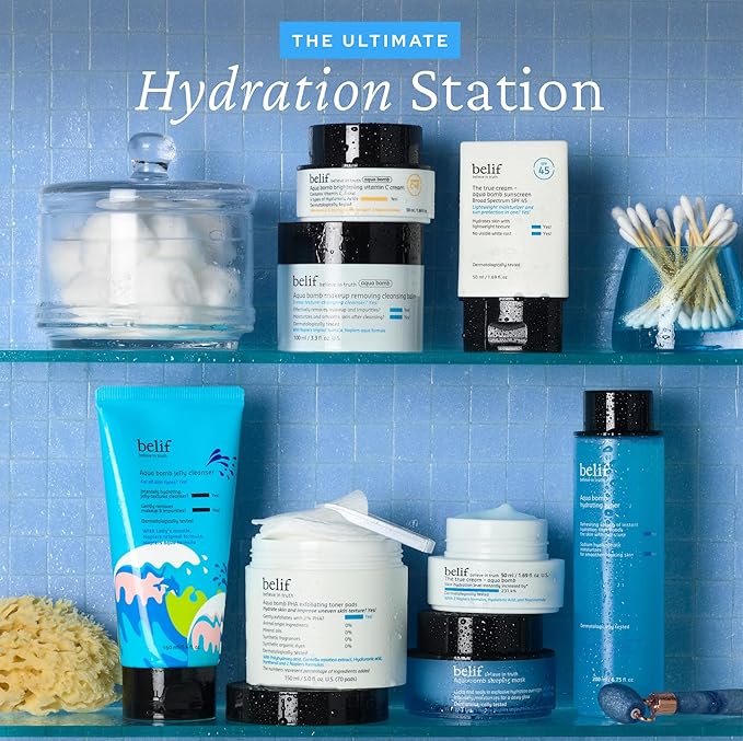 belif Hydrate & Go Kit – 4-Step Korean Skincare Set with Toner, Moisturizing Bomb Cream, Jelly Cleanser, Eye Bomb, SPF 45 Sunscreen, TSA-Friendly, Deep Hydration & Barrier Care for Glowy, Bouncy Skin