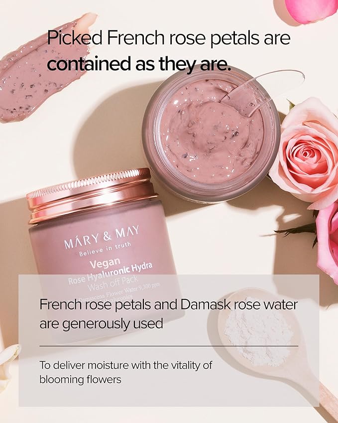 Mary&May Vegan Rose Hyaluronic Hydra Wash Off Mask - Rose Petal and Damask Rose Water Cream Mask for Moisturizing, Exfoliation, and Blackhead Removal - Korean Skincare, 10.1oz.