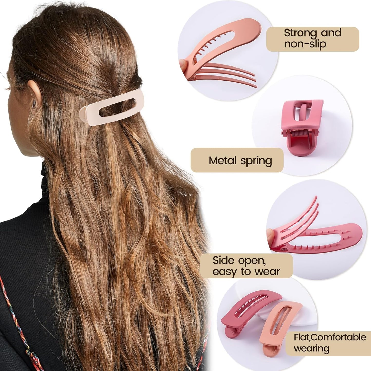 8 Pcs Large Lay Flat Claw Clips for Women French Side Slide Barrettes for Thin Fine Hair Rectangle Alligator Hair Accessories,Matte Beige Pink