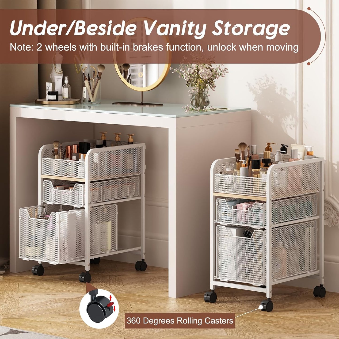 Rolling Makeup Cart Organizer with 2 Drawers, Narrow Floor Skincare Organizers, Vanity Organizer Cosmetics Display Cases Holder for Skin Care Nail Polish Perfume Makeup Brush, White