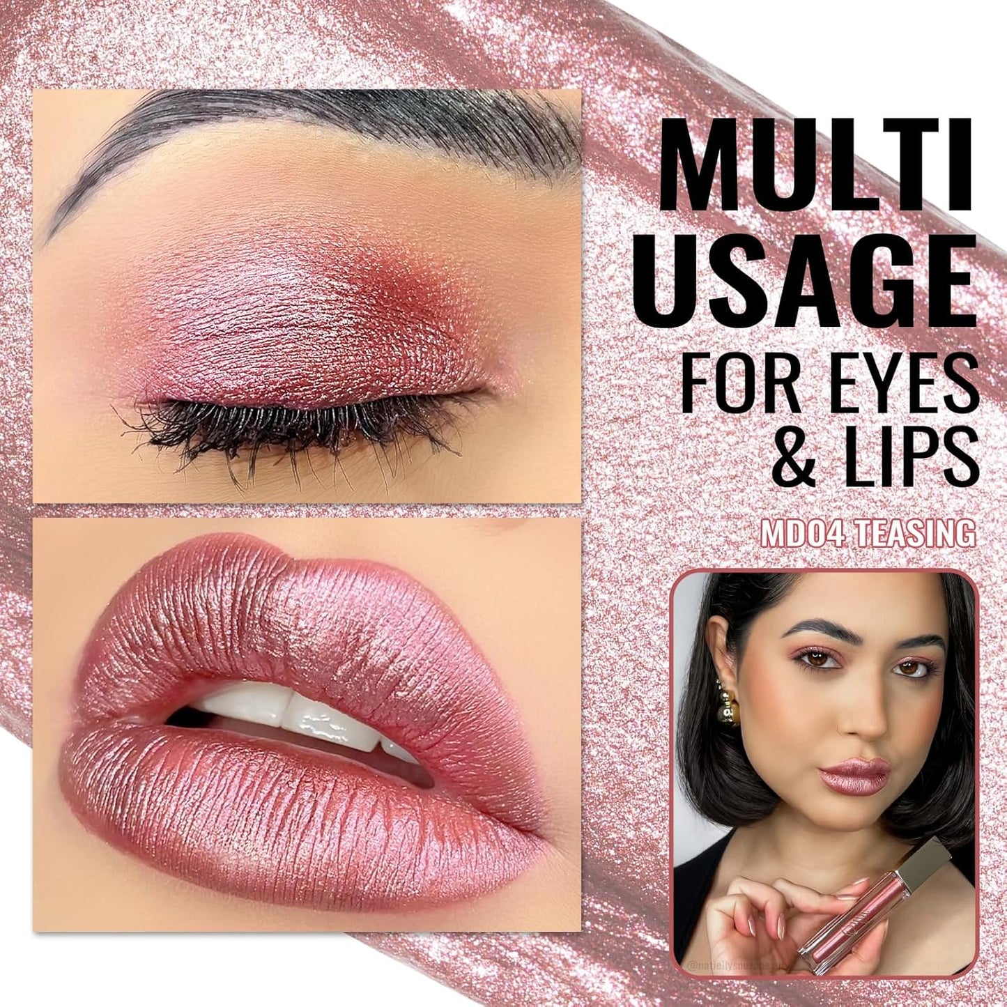 Oulac Rose Pink Lip Gloss Metallic Shine Lipstick for Women, Dual Use for Lips & Eyeshadow, Long Lasting Waterproof, High Impact Lip Color, 3D Metallic Finish, No Transfer, Vegan MD04